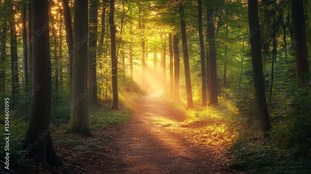 Fototapeta premium Serene Forest Pathway with Sunlight Filtering Through Trees