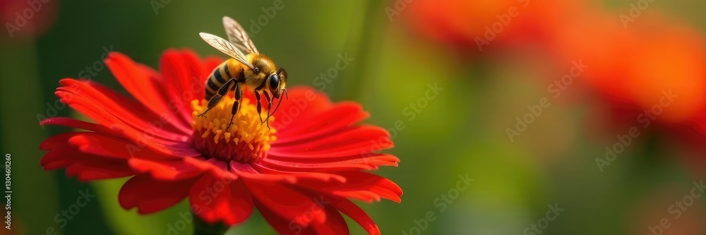 Yellow Cumblebee hovering above red flower petals, insects, nature Yellow Cumblebee hovering above red flower petals, insects, nature