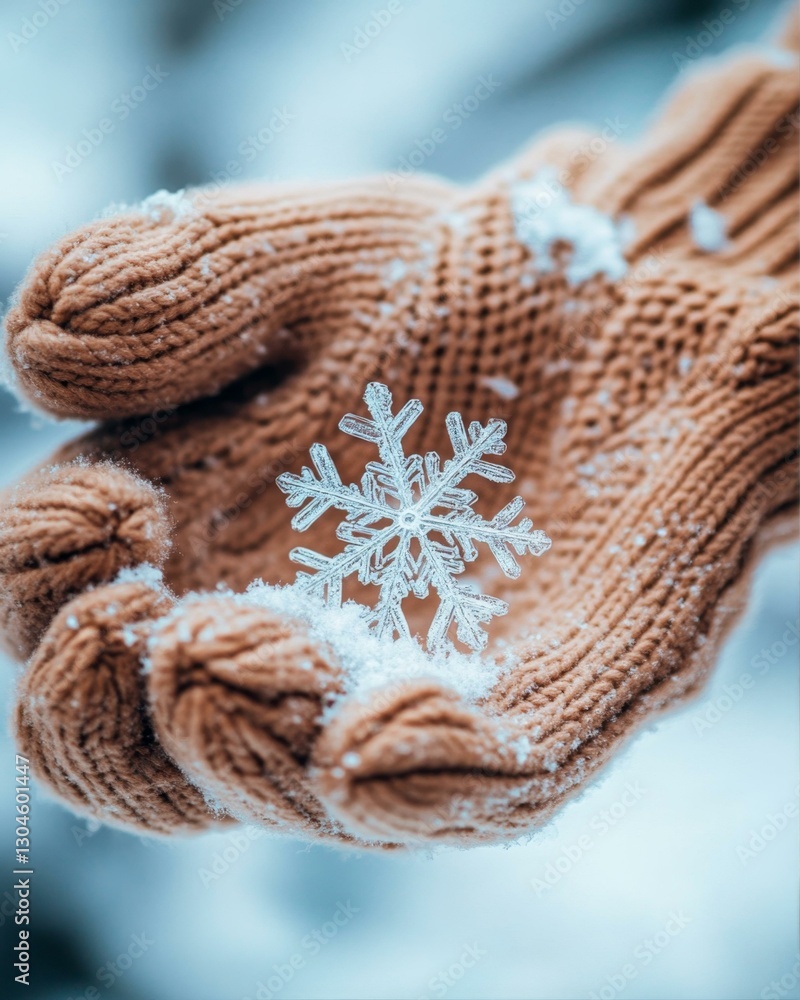 Fototapeta premium Snowflake on Knitted Mitten Winter Scene Beauty of Nature Close Up Cold Weather Season Concept