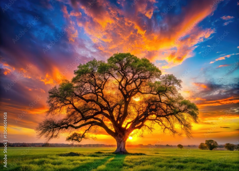 Majestic Texas live oak silhouetted against a vibrant spring sunset, a breathtaking photographic capture. Majestic Texas live oak silhouetted against a vibrant spring sunset, a breathtaking photographic capture.