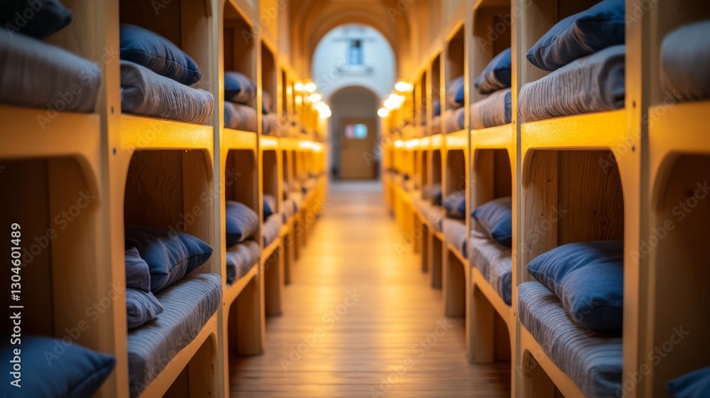 Fototapeta premium The polished gym floor was lined with cots, and emergency kits were placed at the foot of each bed, representing readiness for disaster relief