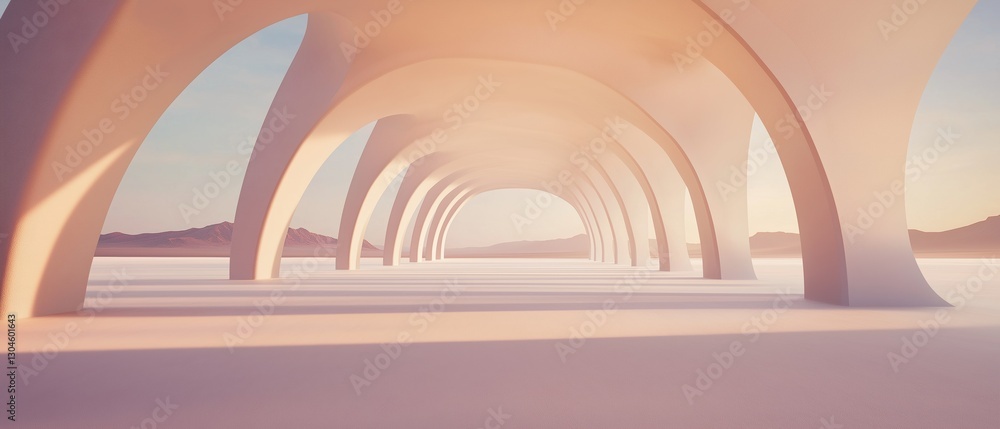 Obraz premium Long, arched archway in the middle of a desert-like landscape. the archway is made up of multiple white pillars that are arranged in a symmetrical pattern, creating a sense of depth and dimension.