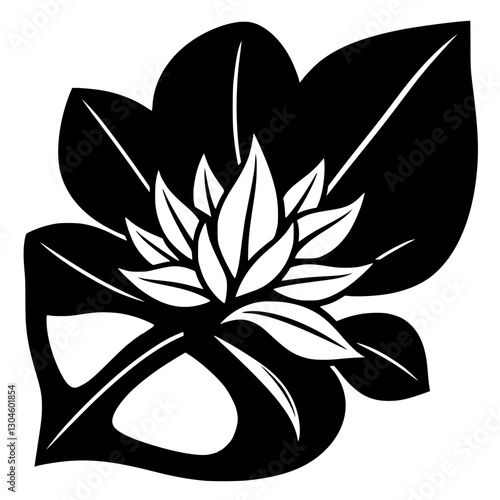 Black and white floral illustration featuring contrasting petals and leaves on a white background.