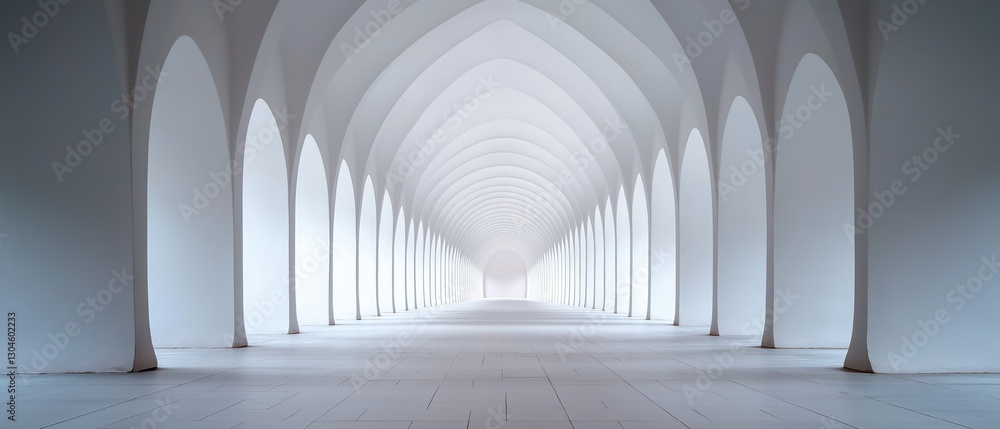 Obraz premium Long, arched corridor with white walls and floor. the corridor is made up of multiple arches that are arranged in a symmetrical pattern, creating a tunnel-like effect.