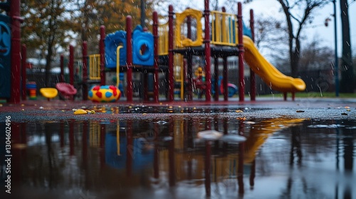 Playground equipment wet from rain, with background trees in autumn, used for recreation
