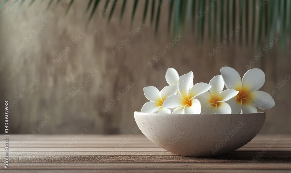 Sleek ceramic bowl with fresh frangipani flowers resting on a natural wooden background, showcasing minimalist tropical elegance. Sleek ceramic bowl with fresh frangipani flowers resting on a natural wooden background, showcasing minimalist tropical elegance.