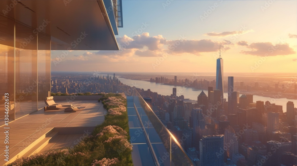 Fototapeta premium Serene Skyscraper Balcony View of New York City at Sunset Featuring Garden and Modern Architecture