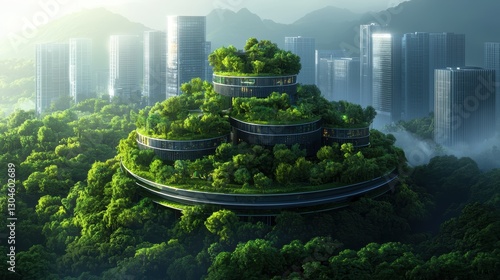 Futuristic eco-friendly architecture in a lush urban landscape