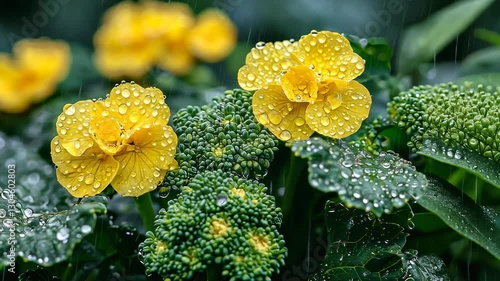 Yellow flowers, rain drops, garden, broccoli