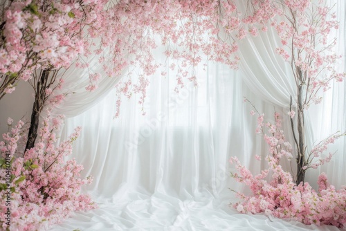 Pink cherry blossom backdrop with sheer curtains.