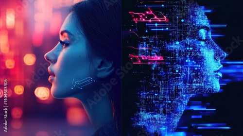 Wallpaper Mural Digital transformation of a woman blending technology and beauty in a futuristic cityscape at night. Generative AI Torontodigital.ca