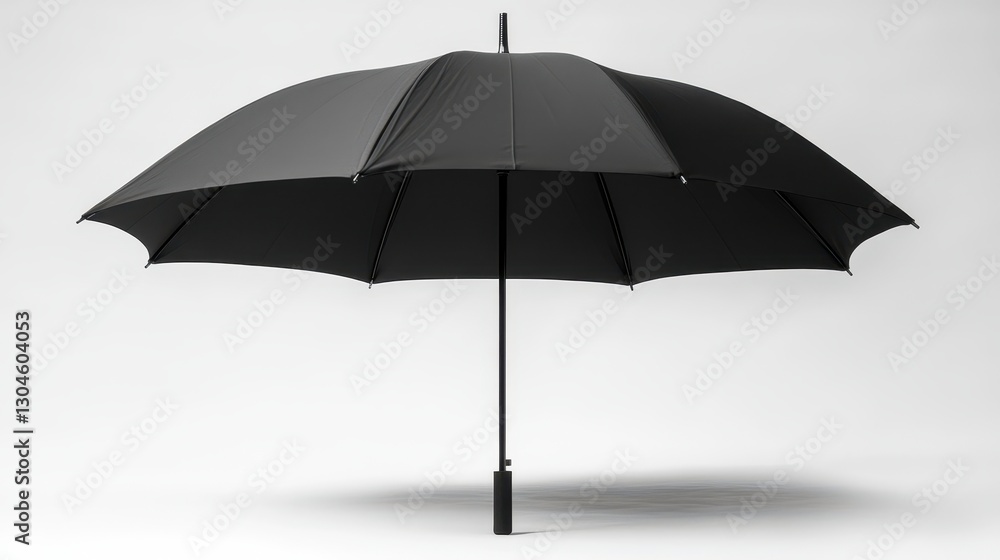 A black umbrella, its sleek design accentuated by a symmetrical silhouette, rests majestically against a stark white backdrop. A black umbrella, its sleek design accentuated by a symmetrical silhouette, rests majestically against a stark white backdrop.