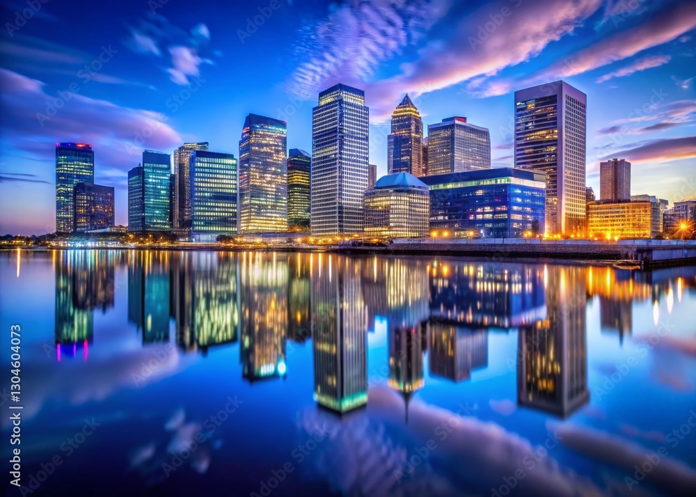 Naklejka premium London Canary Wharf Skyline Night Long Exposure South Dock Cityscape