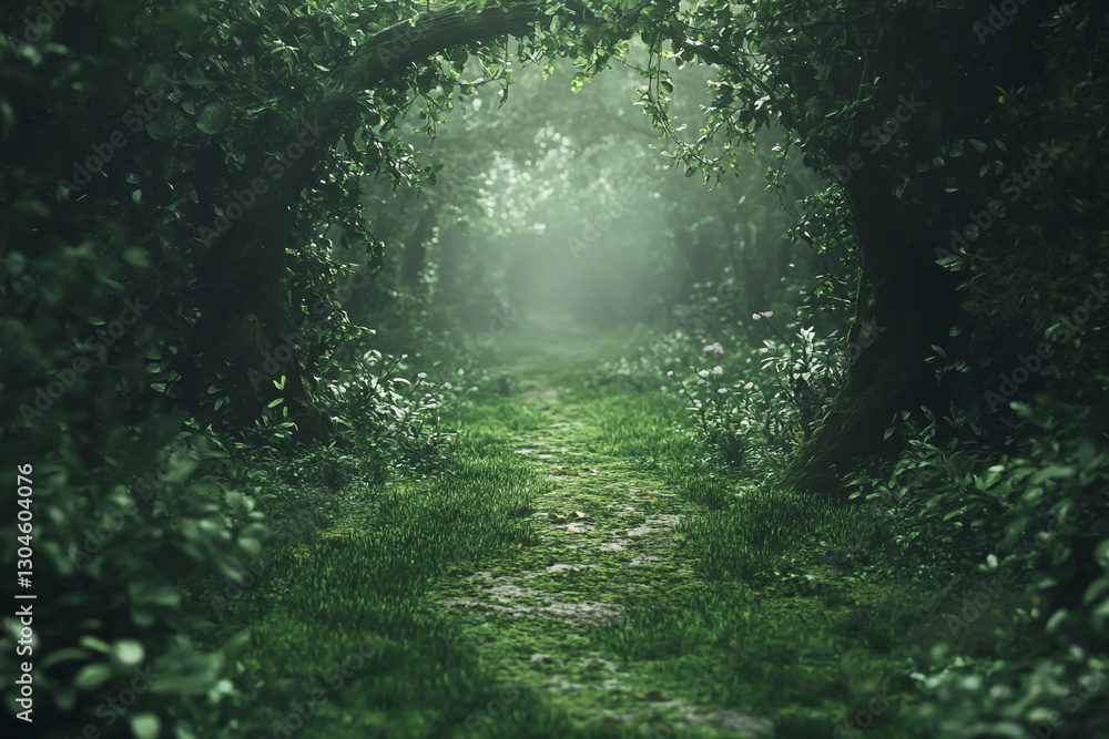Fototapeta premium Beautiful forest path with moss and plants in the dark green forest. Serene nature background.