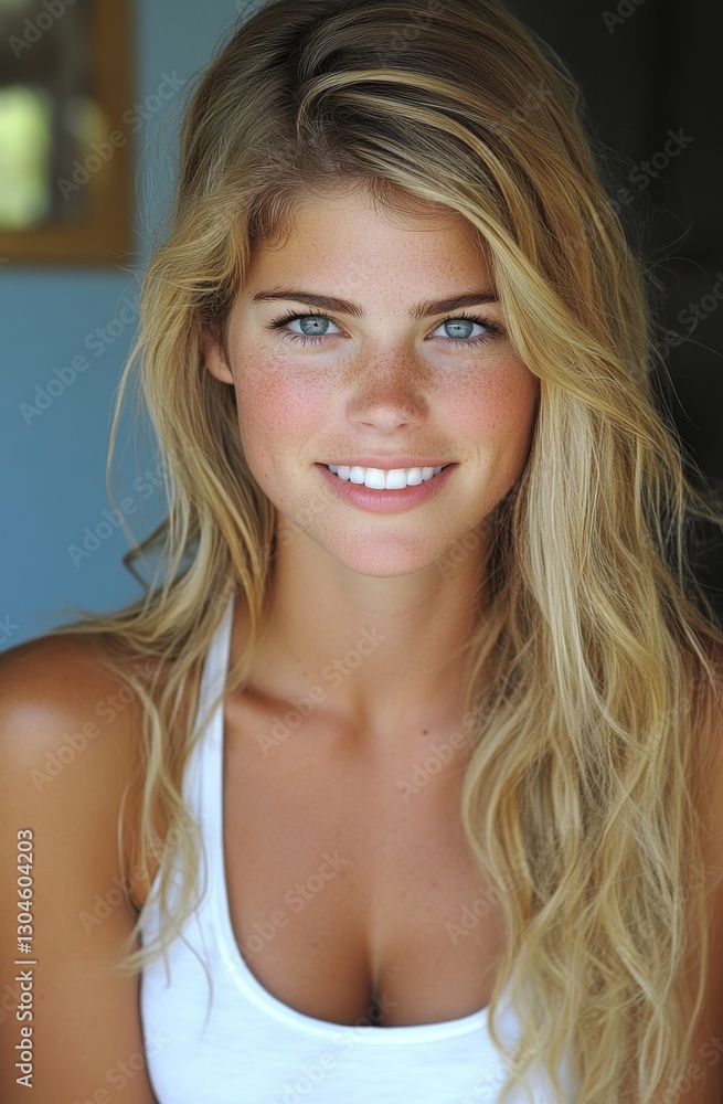 The woman, sporting a white bikini top and blonde hair, grins widely, her plentiful white hair and full chest noticeable The woman, sporting a white bikini top and blonde hair, grins widely, her plentiful white hair and full chest noticeable