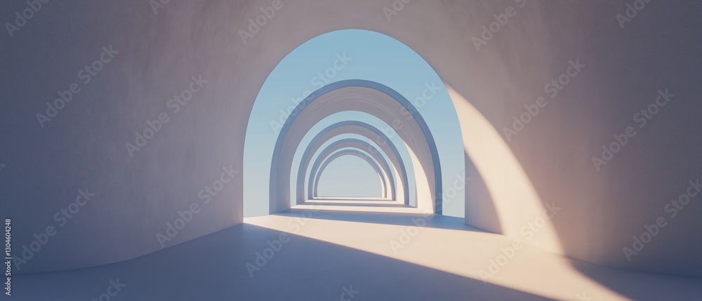 Naklejka premium Empty room with a large archway in the center. the archway is made up of multiple layers of white walls, creating a tunnel-like shape.