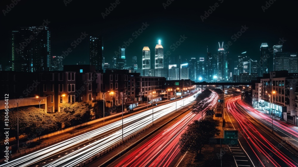 Nighttime Cityscape with Light Trails and Modern Architecture Nighttime Cityscape with Light Trails and Modern Architecture