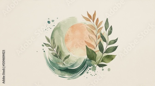 Watercolor Sunrise with Botanical Elements Artistic Composition for Creative Design Projects photo