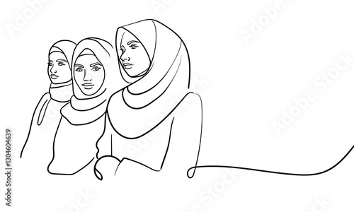 Young 3 muslim womans in burqa, continuous line art drawing. Oriental girl in traditional clothes. Vector illustration isolated on white background 
