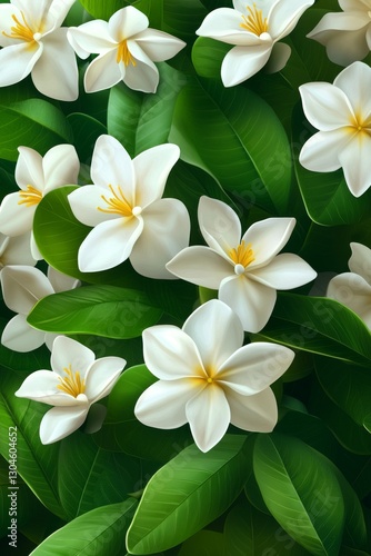 A picture of a field filled with white flowers and green leaves, the flowers are positioned to suggest depth and movement. The painting has a calm and serene ambiance