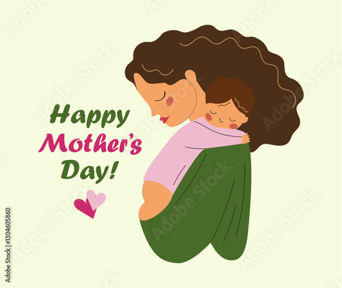 Happy Mother’s Day illustration with loving mother and baby. Cute vector art, symbolizing motherhood, care, and family warmth. Perfect for greeting cards, posters, and prints.