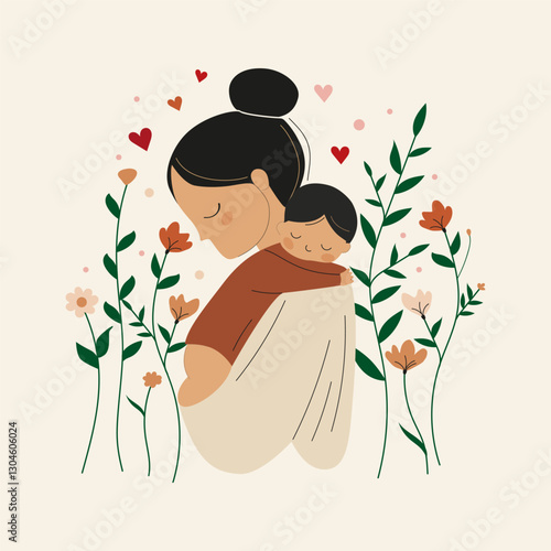 Happy mother holding baby in arms, surrounded by flowers and hearts. Warm illustration for Mother's Day. Pastel-toned vector artwork, perfect for greeting cards.