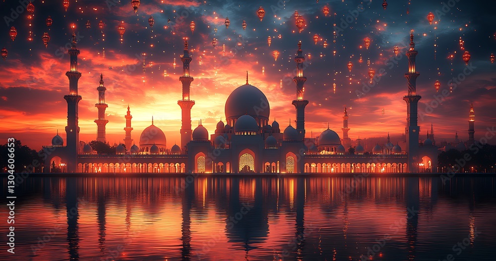 Obraz premium Silhouetted Grand Mosque at Sunset with Glowing Lanterns and Water Reflection