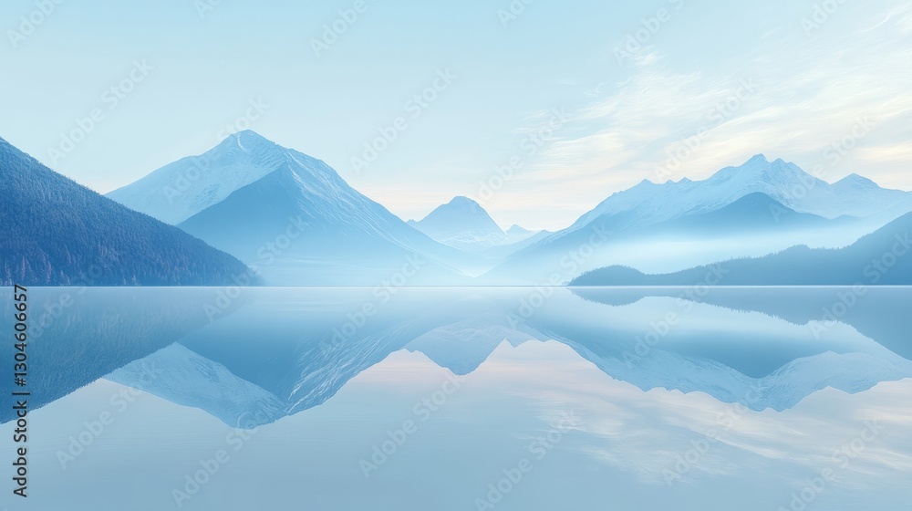 Serene Mountain Landscape with Calm Water Reflection at Sunrise Serene Mountain Landscape with Calm Water Reflection at Sunrise