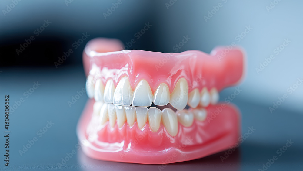 Obraz premium Prothèse dentaire complète avec gencives roses et dents blanches sur fond bleu.
