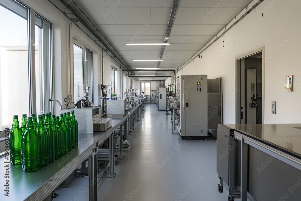 Modern Green Bottle Filling Production Line in Clean Factory Interior Modern Green Bottle Filling Production Line in Clean Factory Interior