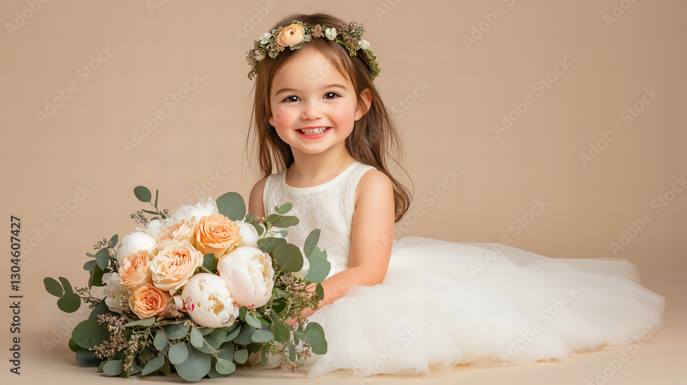Smiling Young Girl in White Dress with Flower Bouquet and Floral Headband Posing in Studio Smiling Young Girl in White Dress with Flower Bouquet and Floral Headband Posing in Studio