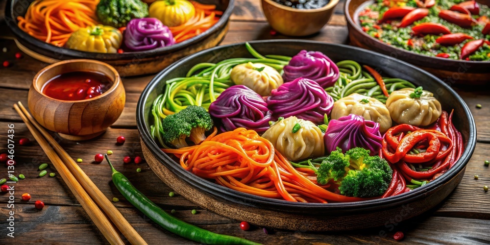 Fototapeta premium Savor vibrant Asian fusion: noodles, dumplings, and fiery stir-fries.