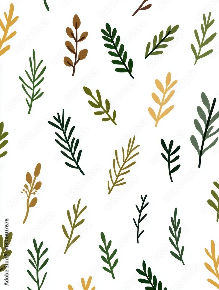A whimsical pattern featuring various green and golden leaves on a white background, showcasing nature's beauty in a charming design. A whimsical pattern featuring various green and golden leaves on a white background, showcasing nature's beauty in a charming design.