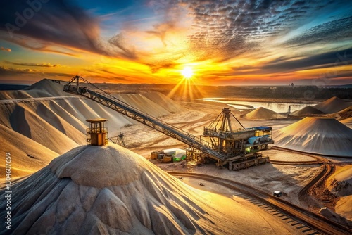 Long Exposure: Industrial Sand Mining Operation at Dusk - Huge Sand Piles & Heavy Machinery
