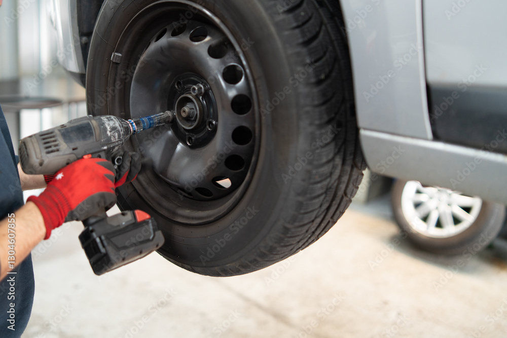 Loosening wheel nuts with an impact wrench in the car garage Loosening wheel nuts with an impact wrench in the car garage