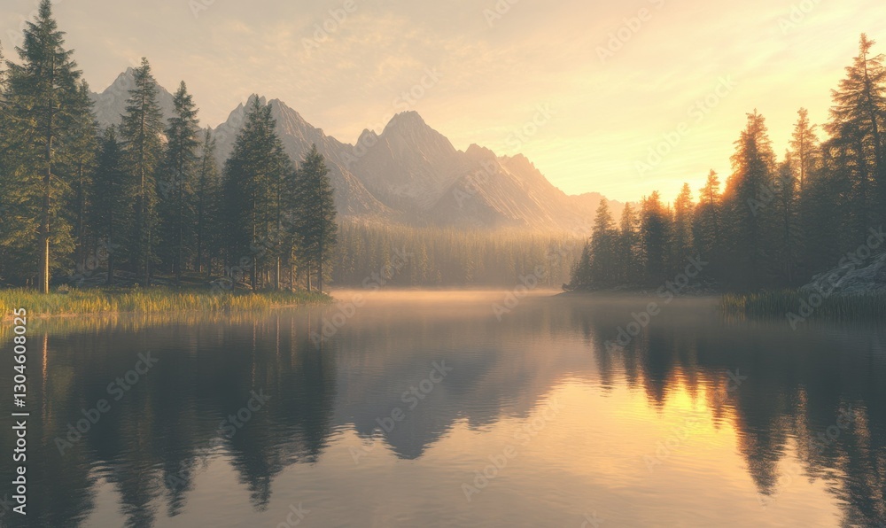Fototapeta premium Serene mountain landscape with a calm lake reflecting tall pines and the soft hues of dawn, golden mist rising from the water, tranquil scenery,