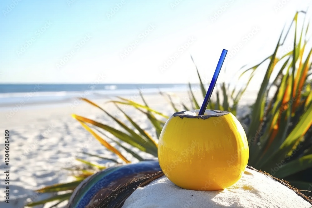 Tropical beach scene with a refreshing coconut drink on sandy shoreline Tropical beach scene with a refreshing coconut drink on sandy shoreline