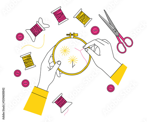 "Embroidering a Flower Pattern with Bright Threads"