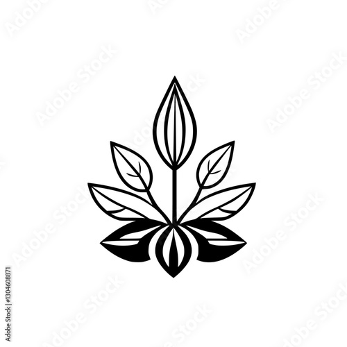 Detailed Black-and-White Illustration of a stylized flower arrangement with four leaves and a central bloom. The image is on a white background.