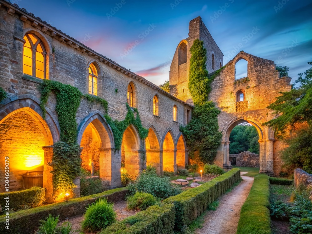 Naklejka premium Long Exposure Photography: Cistercian Abbey of Villelongue, France - Historic Ruins at Dusk
