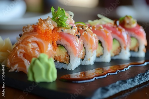 Professional photo of sushi rolls arranged in a perfect line on a black slate plate, with soy sauce, pickled ginger, and wasabi, leaving room for branding on top photo