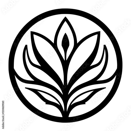 Simple black and white floral pattern enclosed in a circle.