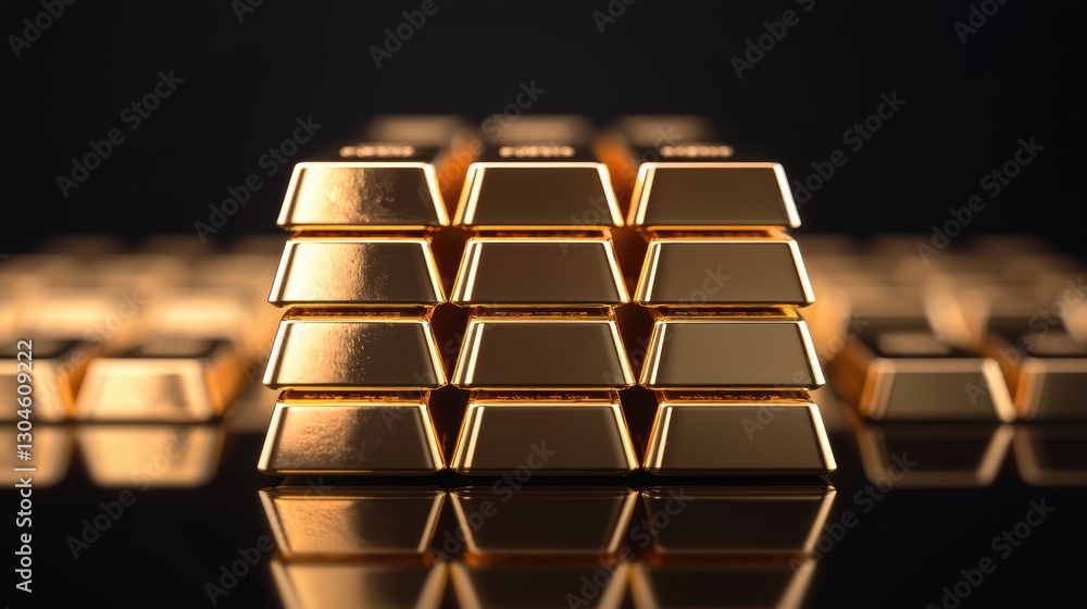 Stacked gold bars reflecting light in a dark setting Stacked gold bars reflecting light in a dark setting