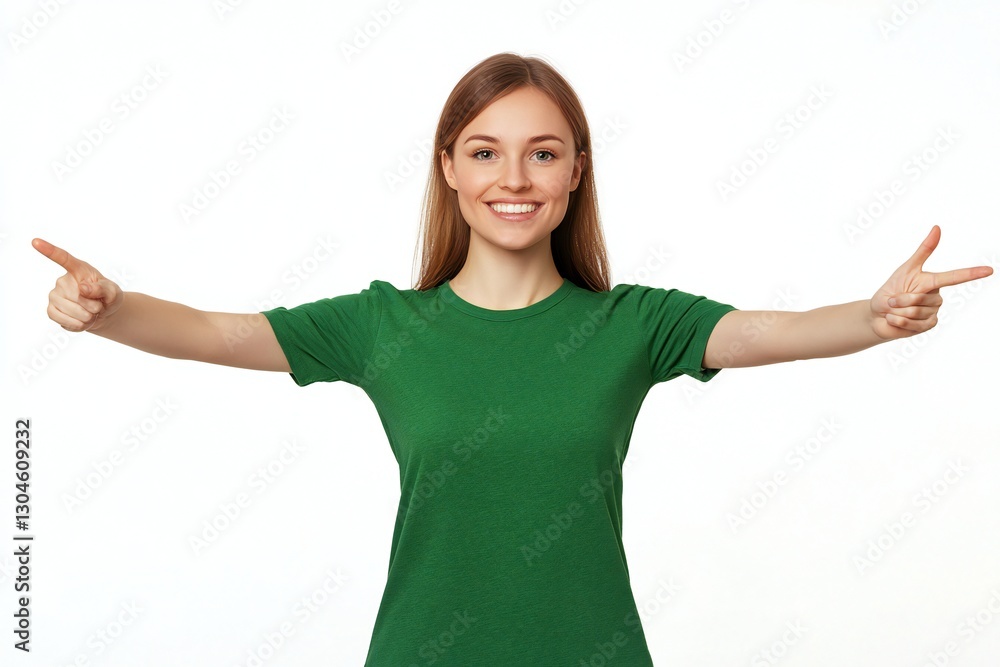 Fototapeta premium Young smiling happy woman wear green t-shirt casual clothes point index finger overhead indicate on empty blank area isolated on plain white background studio portrait. Lifestyle concept