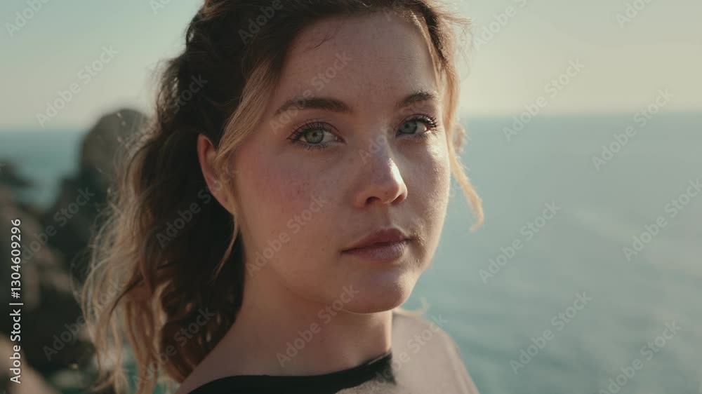 A reflective young woman looks at the camera with the sea in the background, evoking feelings of contemplation and serenity. A reflective young woman looks at the camera with the sea in the background, evoking feelings of contemplation and serenity.
