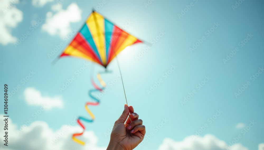 Hand holding string of colorful kite flying in blue sky Hand holding string of colorful kite flying in blue sky