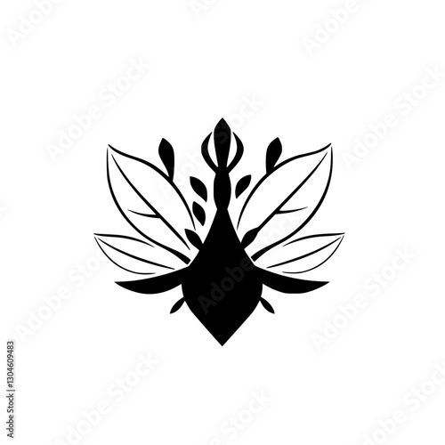 Stylized botanical illustration of black leaves and a central figure, featuring a simplistic geometric silhouette.