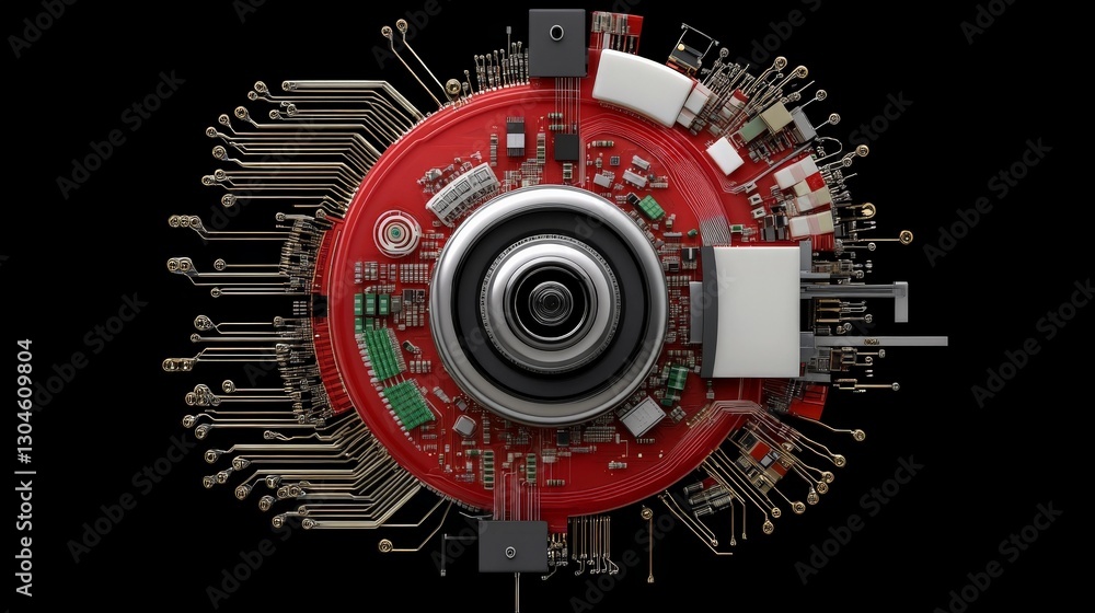 Obraz premium High-Tech Red Circuit Board with Metallic Elements and Connections