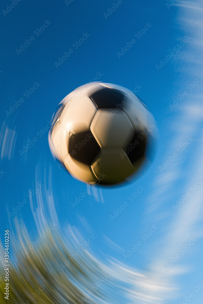 Fototapeta premium Soccer ball in mid-air with motion blur against a blue sky