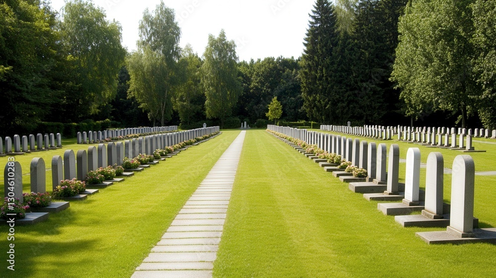 Serene cemetery viewed under a clear midday sky with well-maintained pathways and gravestones lined neatly Serene cemetery viewed under a clear midday sky with well-maintained pathways and gravestones lined neatly